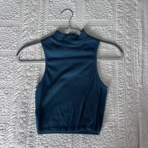 Zara Blue Sleeveless Crop Tank with Mandarin Collar